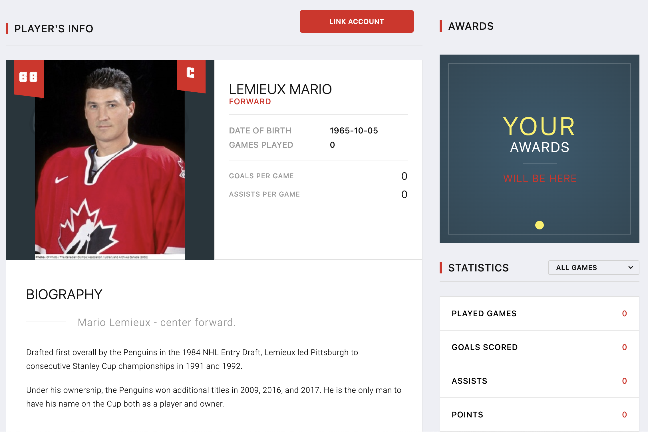 Player profile page with Link account button highlighted