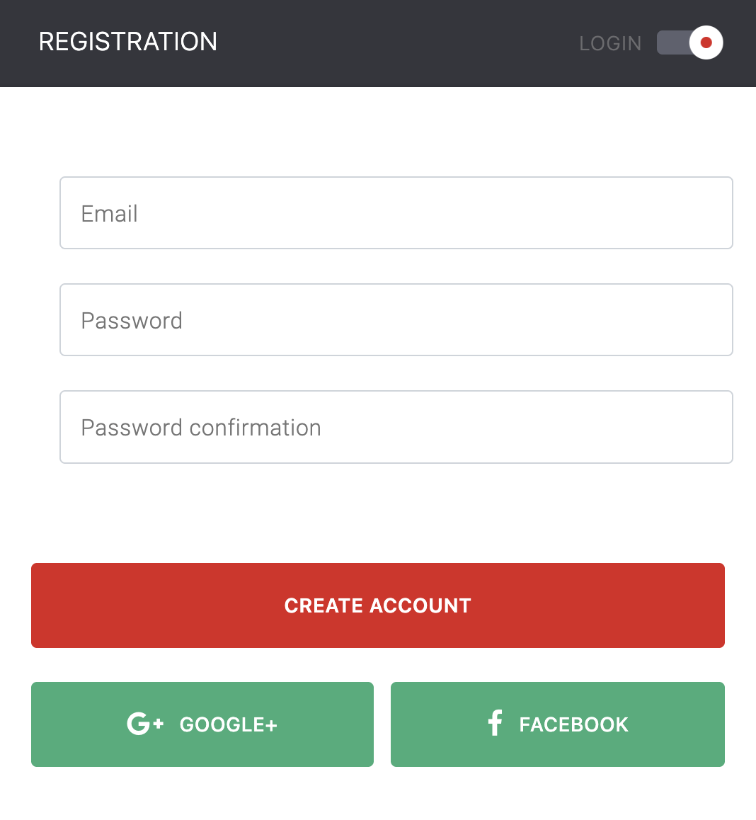 Registration form showing email, password, and password confirmation fields
